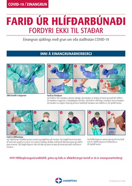 Farið úr hlífðarbúnaði - Fordyri ekki til staðar -Einangrun sjúklings með grun um eða staðfest smit COVID-19